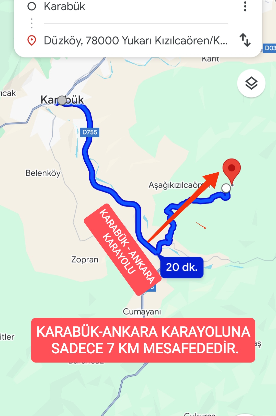 KARABÜK MERKEZ YUKARI KIZILCAÖREN KÖYÜNDE 2.022 M² MÜSTAKİL TAPULU, UYGUN FİYATL - KARABÜK MERKEZ
