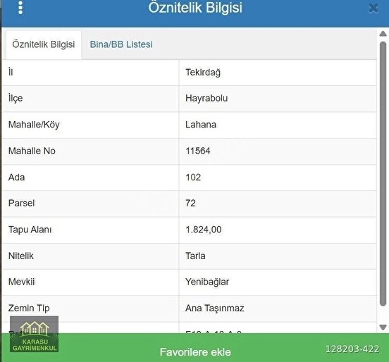 TEKİRDAĞ HAYRABOLU LAHANA MÜSTAKİL PARSEL 1824 M2