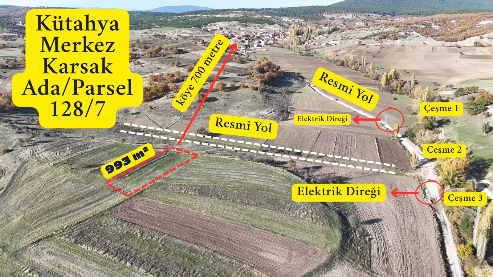 KÜTAHYA MERKEZ KARSAK  KÖYÜNDE 993 M²  TARLA  SATILIKTIR