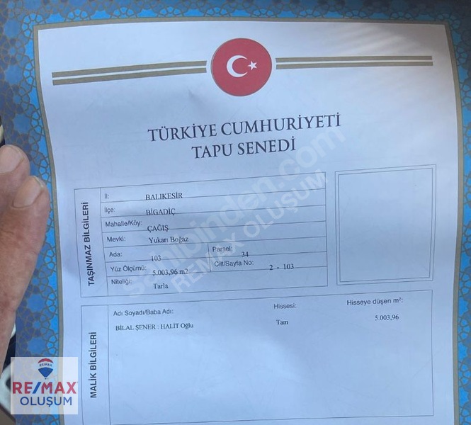 BALIKESİR BİGADİÇ ÇAĞIŞ 5.004m² TEK TAPU TARLA YUKARI BOĞAZ