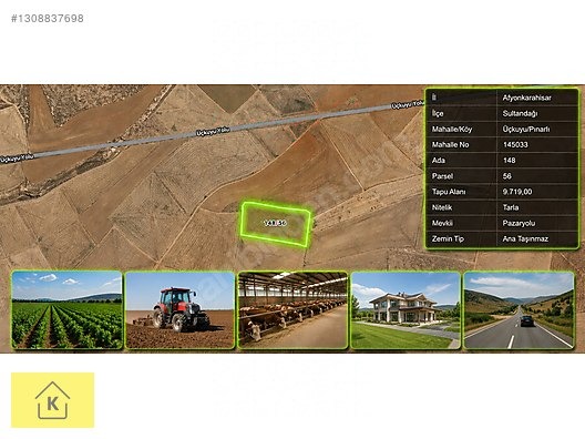 AFYON SULTANDAĞI ÜÇKUYUPINARLI'DA 9719 M² SATILIK TARLA