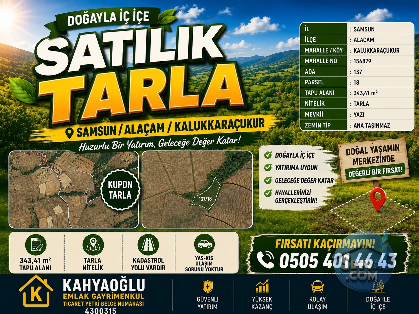 SAMSUN ALAÇAM KALUKKARAÇUKUR'DA BULUNAN KUPON TARLA SATILIKTIR