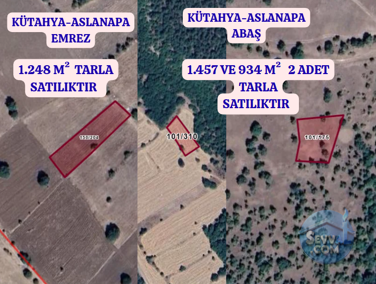KÜTAHYA ASLANAPA EMREZ VE ABAŞ   KÖYÜNDE  1.248,1.457 VE 934 M² TOPLAM 3 TARLA  
