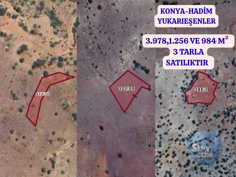 KONYA HADİM YUKARIEŞENLER  KÖYÜNDE  3.978,1.256 VE 984 M² TOPLAM 3 TARLA  SATILI