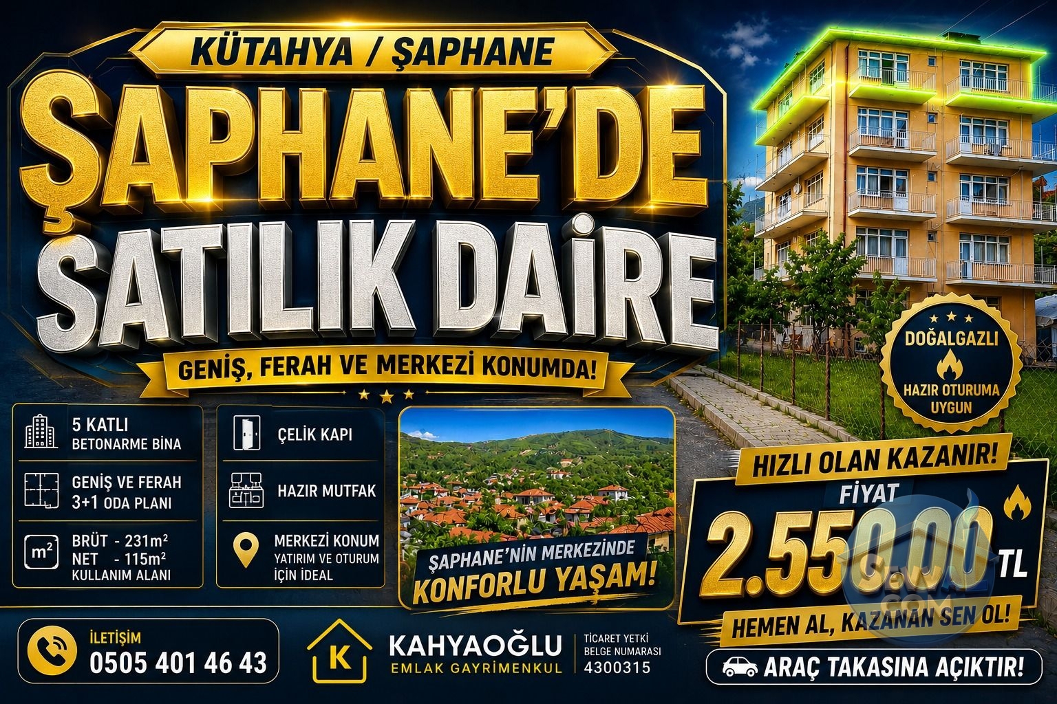Kütahya Şaphane'de Araç Takaslı 3+1 Satılık Daire Doğalgazlı
