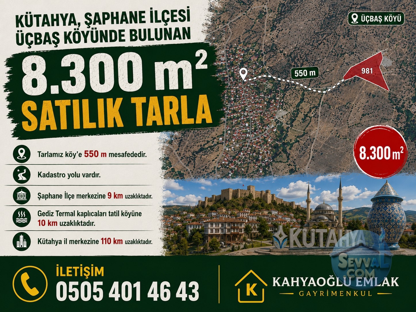 KÜTAHYA ŞAPHANE ÜÇBAŞ KÖYÜN'DE 8300 M² TARLA SATILIKTIR