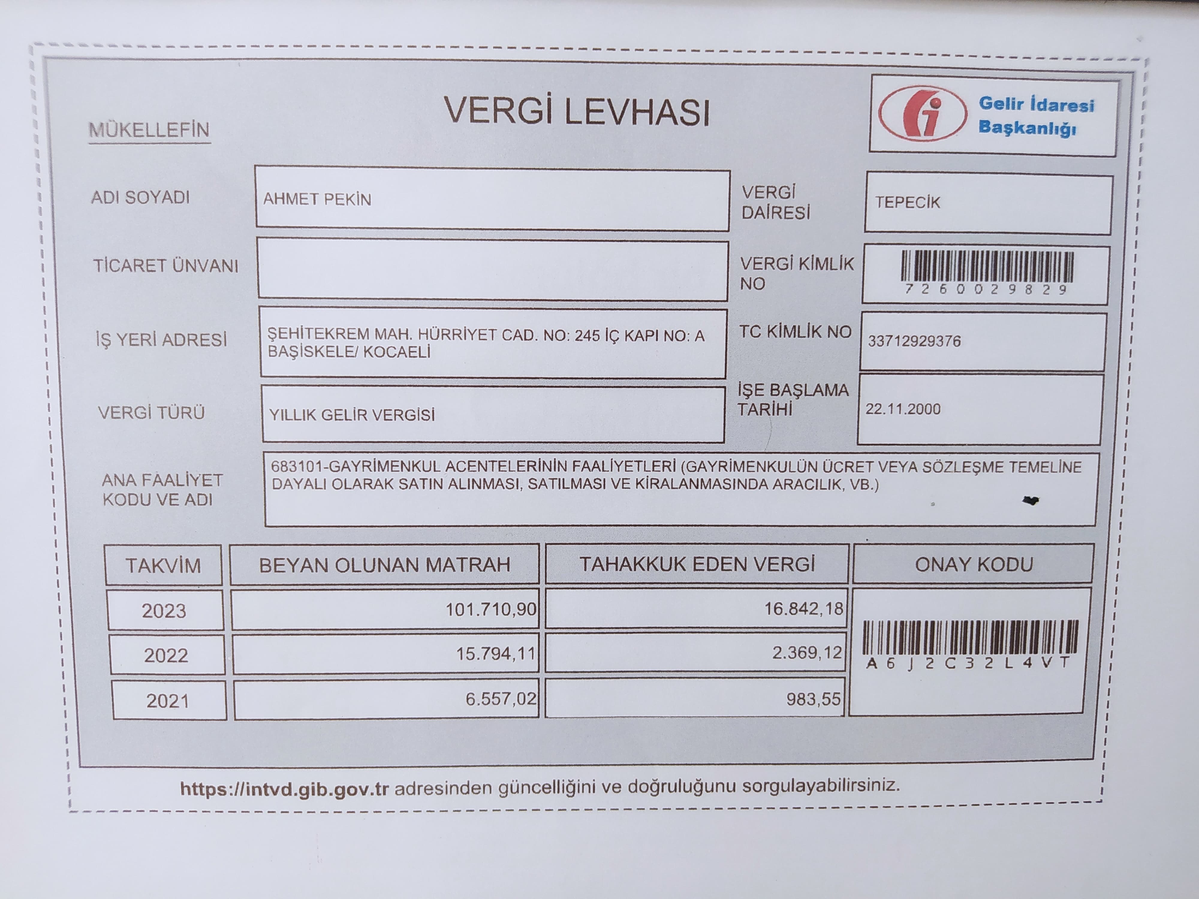 Yetki/Vergi Belgesi